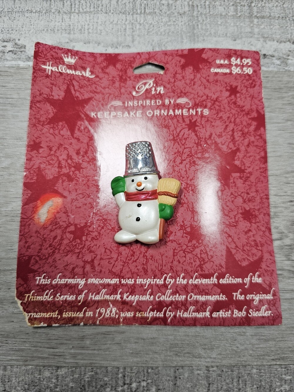 Hallmark Thimble Snowman Lapel Pin Inspired 11th Edition 1988 Ornament New G16c